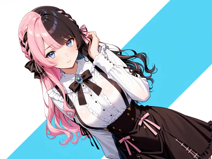 masterpiece,solo,best quality, amazing quality, highres, absurdres, very aesthetic, high resolution, ultra detailed, perfect details, ,Hinan0Def, blue eyes, multicolored hair, pink hair, black hair, long hair, french braid, hair bow, black bowtie, brooch, ...