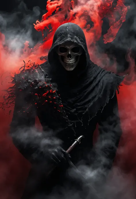 Black grim reaper, Engulfed BY black and red, (Holding scythe),detailed weapon, best quality, ultra-detailed, dark and mysterious, Gothic style, menacing presence, haunting atmosphere, ethereal lighting, grim and foreboding, eerie shadows, swirling mist, s...