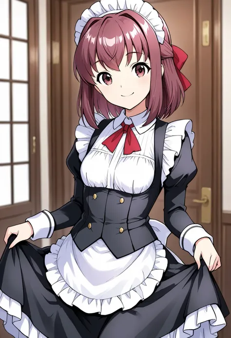 high resolution、Highest Quality、super quality、shot from the front、is smiling、one girl、solo、 Kondo Taeko 、smile、Absolute reference to center 、Red brown pretty eyes、 shiny brown hair , short hair ,Red Ribbon、 ( Beautiful brown eyes )、 very detailed face, hig...