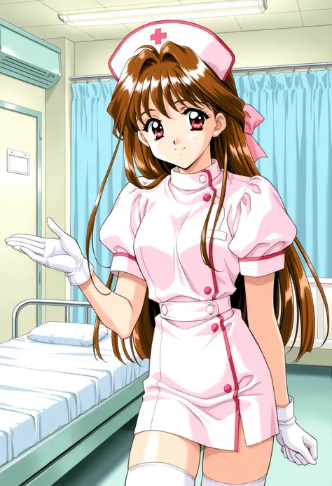 Score_9, score_8_up, score_7_up, source_anime, MinamizatoAi, 1girl, solo, long hair, brown hair, red eyes, bangs, 1990s (style), kadoi aya style, hair ribbon, pink ribbon, (best quality), (high quality), {masterpiece}, extremely delicate and beautiful, ult...