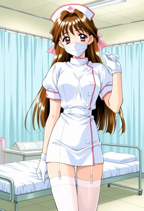 Score_9, score_8_up, score_7_up, source_anime, MinamizatoAi, 1girl, solo, long hair, brown hair, red eyes, bangs, 1990s (style), kadoi aya style, hair ribbon, pink ribbon, (best quality), (high quality), {masterpiece}, extremely delicate and beautiful, ult...