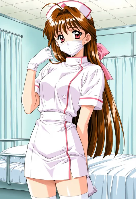 Score_9, score_8_up, score_7_up, source_anime, MinamizatoAi, 1girl, solo, long hair, brown hair, red eyes, bangs, 1990s (style), kadoi aya style, hair ribbon, pink ribbon, (best quality), (high quality), {masterpiece}, extremely delicate and beautiful, ult...