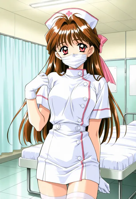 Score_9, score_8_up, score_7_up, source_anime, MinamizatoAi, 1girl, solo, long hair, brown hair, red eyes, bangs, 1990s (style), kadoi aya style, hair ribbon, pink ribbon, (best quality), (high quality), {masterpiece}, extremely delicate and beautiful, ult...