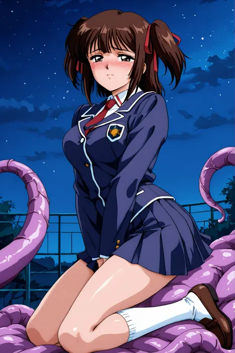 1 girl,kayo,masterpiece,best quality,amazing quality,perfect anatomy,anime coloring,retro art style,1990s /(style/),dark brown eyes,dark brown hair,shoulder-length medium hair,two side up,hair tied thin red ribbons,school uniform,dark blue blazer,long slee...