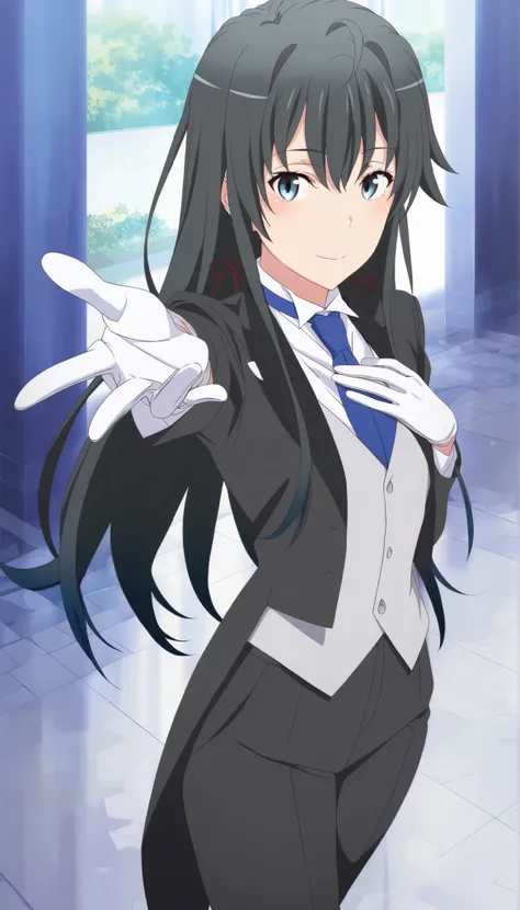 masterpiece, best quality, very detailed, , masterpiece, best quality,  eyelashes, (Beautiful Eyes), cowboy shot, anime,  Official Illustration,,,in front,,,1girl, solo, standing yukinoshita yukino, blue eyes , black hair,,long hair,, tuxedo tailcoat, butl...