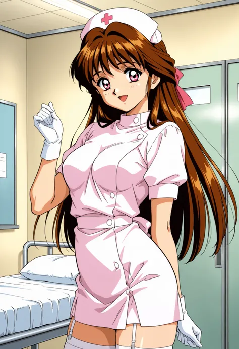 Score_9, score_8_up, score_7_up, source_anime, Minamizato_Ai(Anime), 1girl, solo, long hair, brown hair, pink eyes, bangs, hair ribbon, hair intakes, medium breasts, 1990s (style), anime coloring, (best quality), (high quality), {masterpiece}, extremely de...