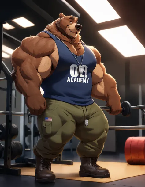 bara kodiak brown bear, strong physique, perfect anatomy, masterpiece, brown mustache and beard, wrinkles, huge brown fur, solo, great lighting, black huge muscular, green army pants, boots, tank top, dog tag, military academy, gym set, training, hyper mus...