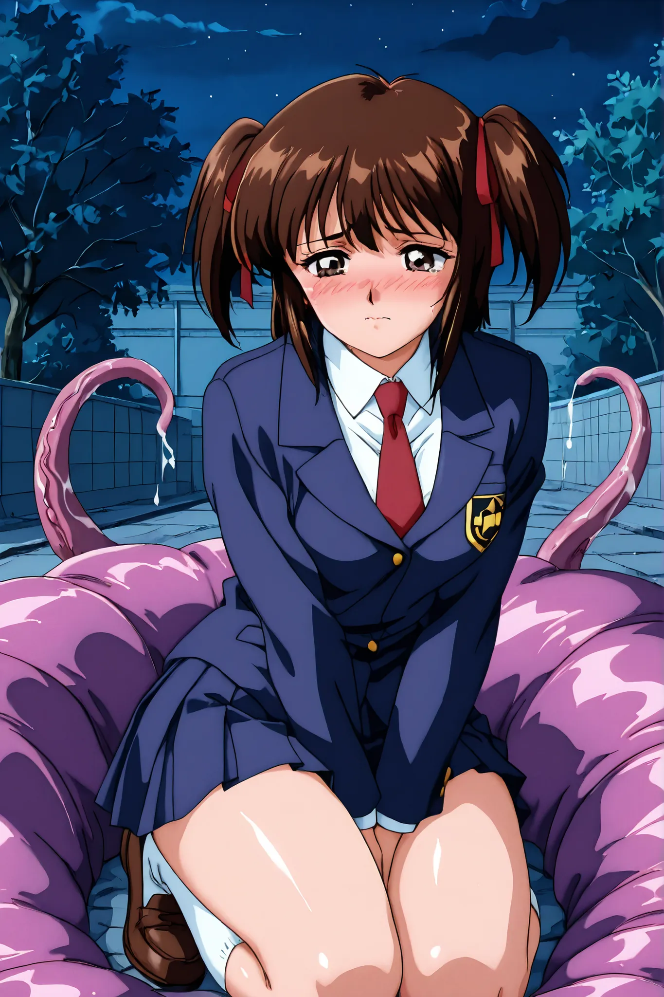 1 girl,kayo,masterpiece,best quality,amazing quality,perfect anatomy,anime coloring,retro art style,1990s /(style/),dark brown eyes,dark brown hair,shoulder-length medium hair,two side up,hair tied thin red ribbons,school uniform,dark blue blazer,long slee...