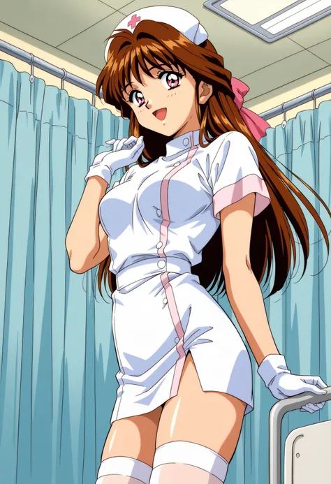 Score_9, score_8_up, score_7_up, source_anime, Minamizato_Ai(Anime), 1girl, solo, long hair, brown hair, pink eyes, bangs, hair ribbon, hair intakes, medium breasts, 1990s (style), anime coloring, (best quality), (high quality), {masterpiece}, extremely de...