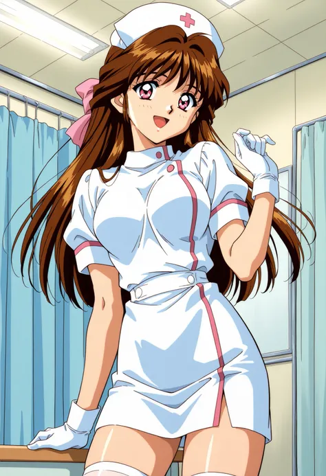Score_9, score_8_up, score_7_up, source_anime, Minamizato_Ai(Anime), 1girl, solo, long hair, brown hair, pink eyes, bangs, hair ribbon, hair intakes, medium breasts, 1990s (style), anime coloring, (best quality), (high quality), {masterpiece}, extremely de...