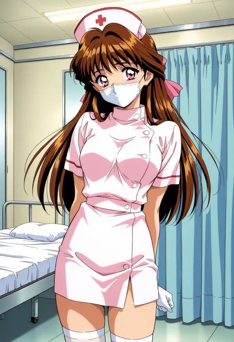 Score_9, score_8_up, score_7_up, source_anime, Minamizato_Ai(Anime), 1girl, solo, long hair, brown hair, pink eyes, bangs, hair ribbon, hair intakes, medium breasts, 1990s (style), anime coloring, (best quality), (high quality), {masterpiece}, extremely de...
