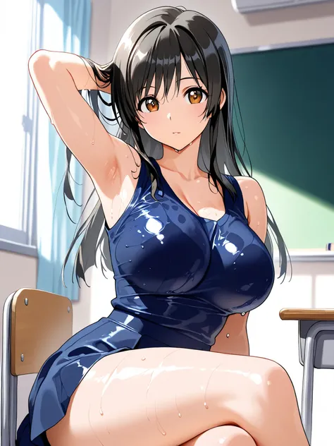 sleeveless,armpits,wet skin,(Highest Quality, 4K, masterpiece :1.3), high image quality, high image quality画像, high image quality, 8k, anime style, 
about, Genuine, oily skin, 
1 girl,  Yui Ootegawa , To Loveる, black hair, long hair, big breasts, 
Classroo...