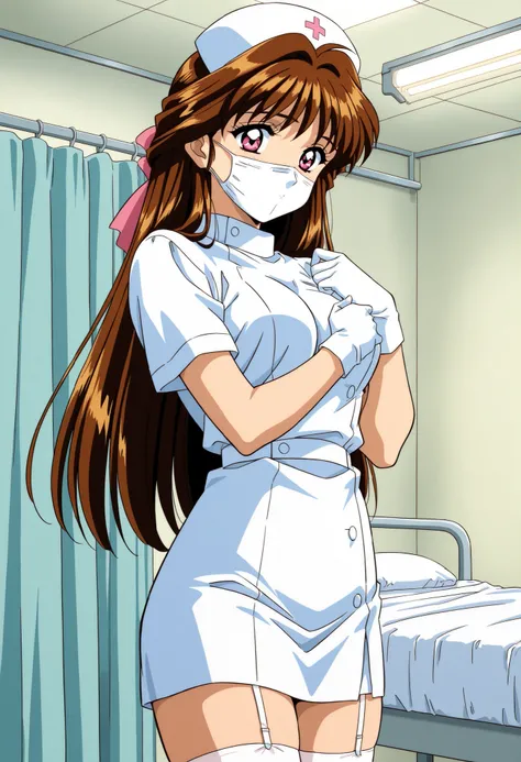 Score_9, score_8_up, score_7_up, source_anime, Minamizato_Ai(Anime), 1girl, solo, long hair, brown hair, pink eyes, bangs, hair ribbon, hair intakes, medium breasts, 1990s (style), anime coloring, (best quality), (high quality), {masterpiece}, extremely de...
