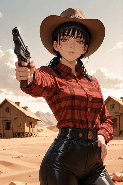masterpiece , Best Quality , photo the cowboy , alone , 1 girl , mitaka asa , long hair , low ponytails , brown eyes , wearing cowgirl hat , seductive look , wry smile , sweat , looking at viewer , pointing gun at viewer , standing , holding gun , gun , ha...