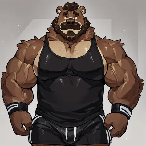 1boy, solo, Huge Muscular old kodiak brown bear working out in gymasium track, (wearing black gym shorts, wristbands and black tank top), huge brown fur, wrinkles, short hair, brown mustache and Beard, pectoral, height: 220cm, weight: 440lbs, added eyes wi...