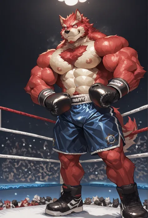 4K, masterpiece quality, pov_boxing, Looking down on the losers, black boxing shoes, dark navy boxing gloves, navy black boxing shorts with gold side lines, full body, depth of field, boxing, proudly pose, hands on hips and one arm raised pose, boxing ring...