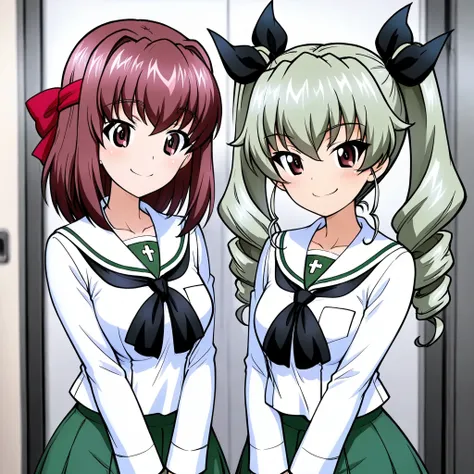 high resolution、Highest Quality、super quality、shot from the front、is smiling、2 girls、 Kondo Taeko 、smile、Absolute reference to center 、Red brown pretty eyes、 shiny brown hair , short hair ,Red Ribbon、 ( Beautiful brown eyes )、 very detailed face, highly de...