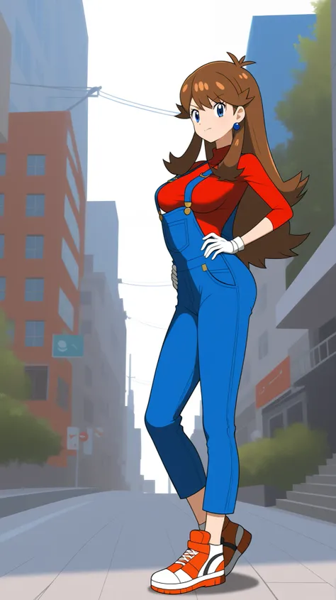 ((Highest Quality)), ((masterpiece)), ((details)), 1girl, two legs, two arms, orange brown hair color, long hair, blue eyes, Big Breasts, tall, slim figure, anime coloring book, angry face, pose where you put your hands on your hips, red long sleeve shirt...