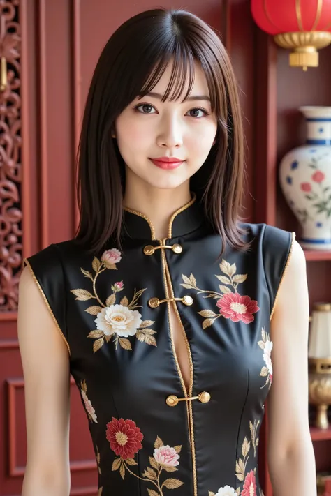 firm and big breasts, cleavage, A realistic photographic composition framed from just below the shoulder of a female subject wearing a traditional Chinese qipao upper garment, ensuring her entire head is fully visible within the frame without any cropping ...
