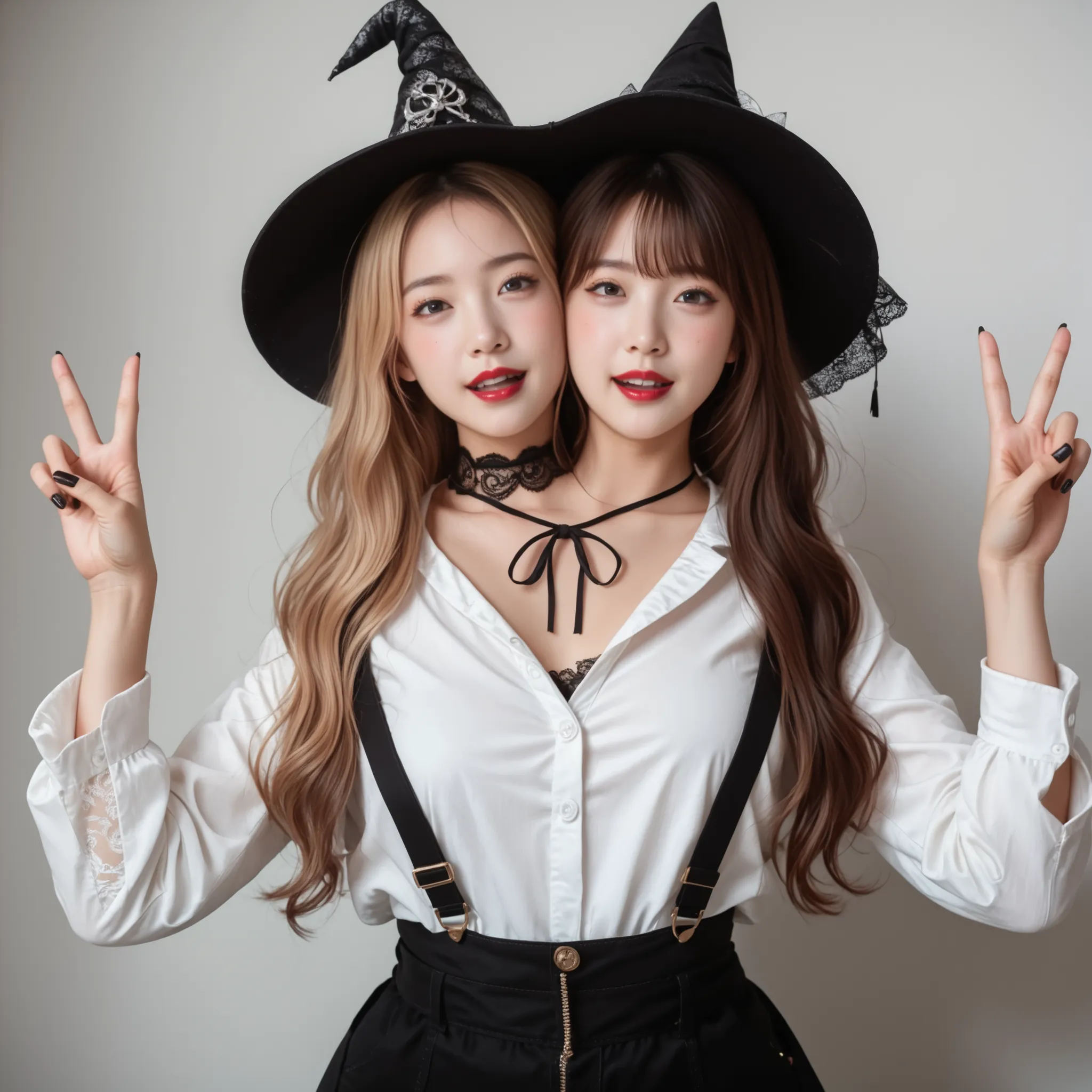 best resolution, japanese woman with two heads, 2girls looking at each other,  conjoined, slightly open mouth, blush, neutral expression, different hair colors, blonde hair, brown hair, lace, black witch hats, ribbon , white button shirt, black overalls, l...