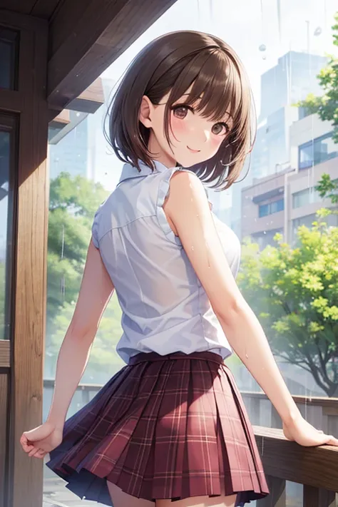masterpiece, Highest Quality, high resolution, 8k,1 girl on break day, alone,  short hair,  double bangs , near pink hair,   ears are hidden by hair  、brown eyes in the bedroom, white sleeveless shirt, pink plaid super mini pleated skirt,    shirt is transparent   ,In the Rainy City , Red Ribbon、DVSK is raining、my clothes are wet in the rain、Walking through the Rainy Streets、、look here、、 hair blows in the wind、No.、dvsk、Strong winds、Trees Swaying in the Wind々、Wind Fluttering Skirt Hem、background、look back、






,((( masterpiece,  Highest Quality,  high resolution, 超 high resolution,  pixel perfect ,  description boundary, 4K, RTTX10.0))),
、Anegasaki Nene, shiny brown hair, beautiful brown eyes, smiling face, sparkling pupils, (fine grain), , highly detailed face,, (masterpiece:1.2, best quality), ((only1 girl)), ((cowboyshot：1.5))