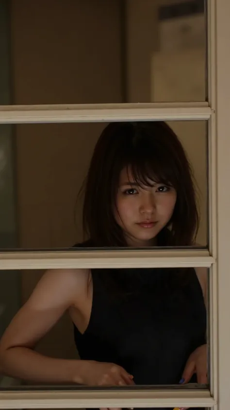  Stand behind the blinds、The blinds are open、there are nipples on the blinds、close up on nipples