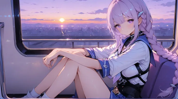1 Girl,Sitting on the subway in a sailor suit,White purple gradient double twist braid , masterpiece,is a sunset city outside the window,The speeding train