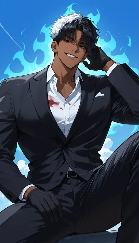 high resolution, masterpiece, best quality, high resolution, character portrait, masterpiece, 1 man, background, black hair, black eyes, handsome, outdoor, illustration, dark skin, gradation eyes, Refreshing, Age in their 20s, fit body, slightly large eyes...