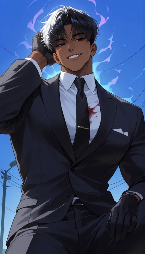 high resolution, masterpiece, best quality, high resolution, character portrait, masterpiece, 1 man, background, black hair, black eyes, handsome, outdoor, illustration, dark skin, gradation eyes, Refreshing, Age in their 20s, fit body, slightly large eyes...