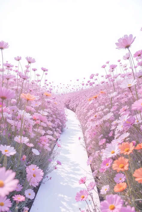 "White 배경.colorful small flowers bloom to create a flower path. The flowers are arranged from the bottom of the pink, Orange, White, It creates a bright and fantastic atmosphere with various colors such as yellow. The entire scene is dreamy and fairytale-l...