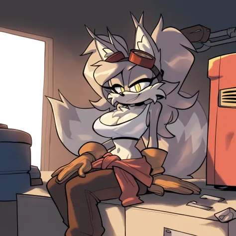 lillymechxl, grey hair, long hair, two side up, yellow eyes, fox girl, fox ears, animal ear fluff, large breasts, fluffy cleavage, white furred chest, grey furred body, white fluffy muzzle, white crop top, navel, midriff, red clothes around waist, dark bro...