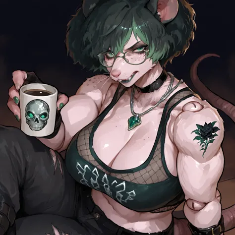 (Tall Mature Voluptuous Female furry rat), (black big curly afro with green highlights), (Green streaks in hair), (green eyes), (glowing iris), (black choker), (black leather bracelets), (Black Rose Tattoo on right shoulder), (Silver necklace with a green ...