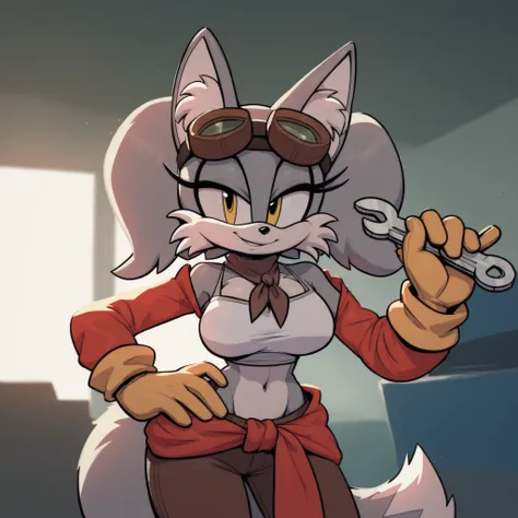 lillymechxl, grey hair, long hair, two side up, yellow eyes, fox girl, fox ears, fox tail, animal ear fluff, large breasts, fluffy cleavage, peach colored furred chest, grey furred body, peach colored fluffy muzzle, white crop top, navel, midriff, red clot...