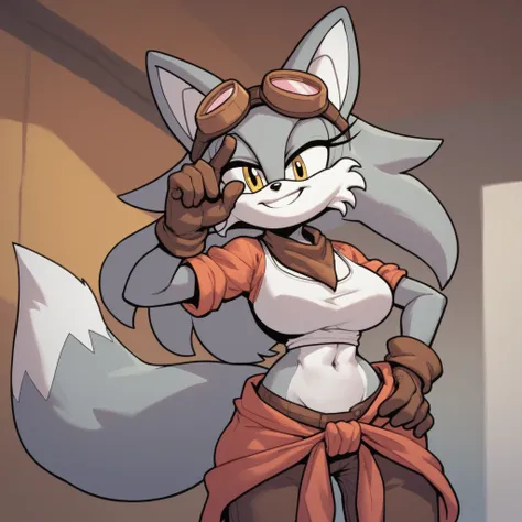 lillymechxl, grey hair, long hair, two side up, yellow eyes, fox girl, fox ears, fox tail, animal ear fluff, large breasts, fluffy cleavage, peach colored furred chest, grey furred body, peach colored fluffy muzzle, white crop top, navel, midriff, red clot...
