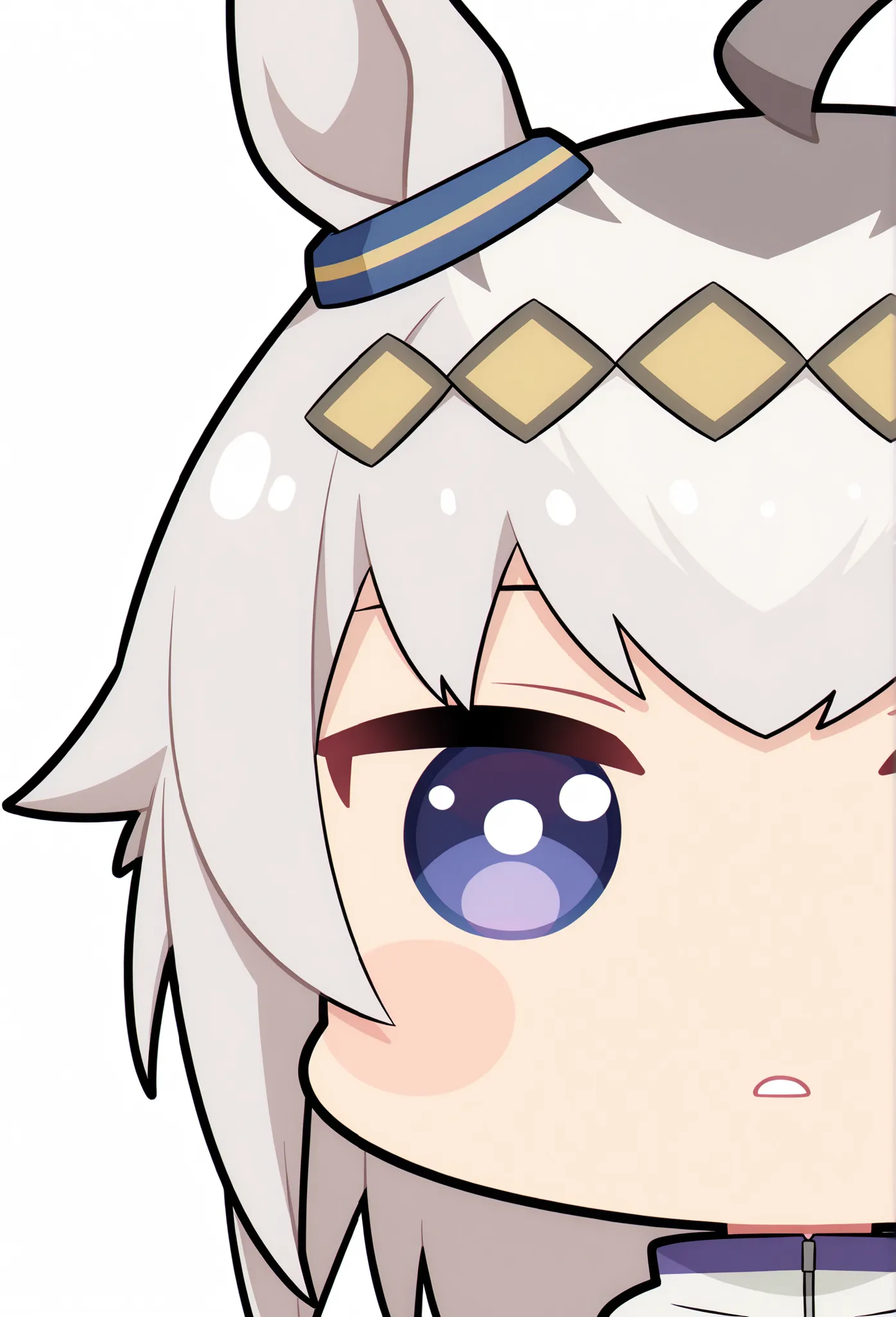 score_9, score_8_ up, score_7_ up, score_6_ up, anime，nsfw， uncensored ，( chibi:1.4)，masterpiece, Highest Quality, intricate details, oguri cap \(Uma Musume\),solo,staring at the viewer,horse ears,parted lips,Portrait,white jacket,stupid hair,from the side, Bright Eyes ,