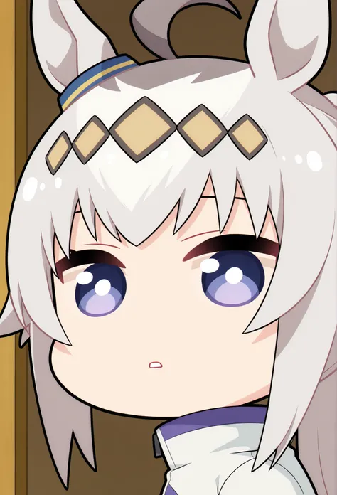 score_9, score_8_ up, score_7_ up, score_6_ up, anime，nsfw， uncensored ，( chibi:1.4)，masterpiece, Highest Quality, intricate details, oguri cap \(Uma Musume\),solo,staring at the viewer,horse ears,parted lips,Portrait,white jacket,stupid hair,from the side...