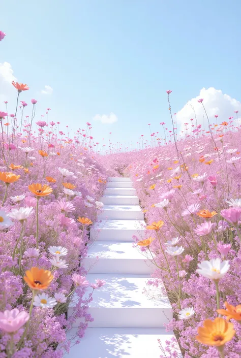 "clear sky background.colorful small flowers bloom to create a flower path. The flowers are arranged from the bottom of the pink, Orange, White, It creates a bright and fantastic atmosphere with various colors such as yellow. The entire scene is dreamy and...