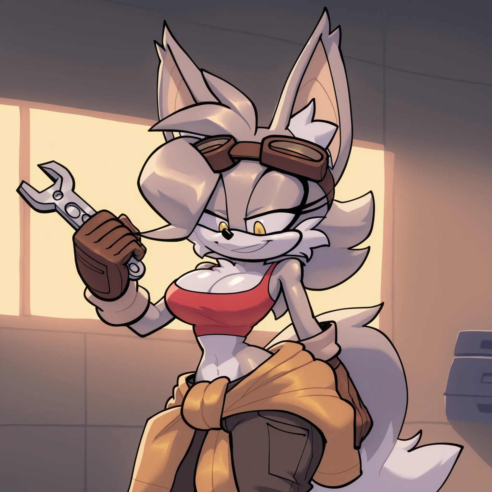 lillymechxl, grey hair, (long hair), yellow eyes, fox girl, fox ears, fox tail, animal ear fluff, large breasts, fluffy cleavage, (peach furred chest), grey furred body, (peach muzzle), fluffy muzzle, white crop top, navel, midriff, (red clothes around wai...