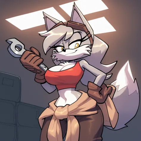 lillymechxl, grey hair, (long hair), yellow eyes, fox girl, fox ears, fox tail, animal ear fluff, large breasts, fluffy cleavage, (peach furred chest), grey furred body, (peach muzzle), fluffy muzzle, white crop top, navel, midriff, (red clothes around wai...