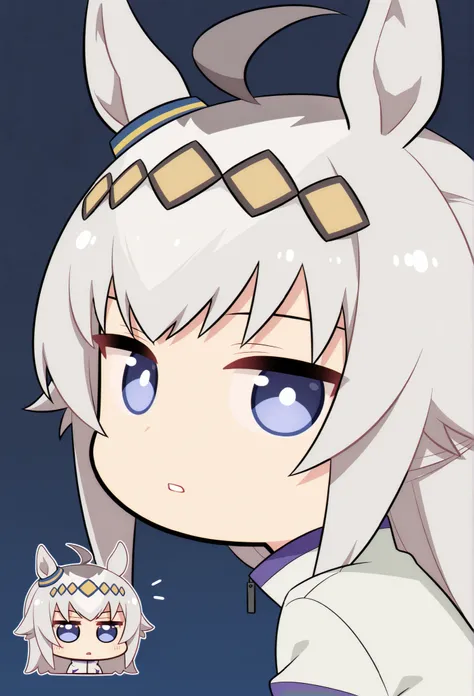 score_9, score_8_ up, score_7_ up, score_6_ up, anime，nsfw， uncensored ，( chibi:1.4)，masterpiece, Highest Quality, intricate details, oguri cap \(Uma Musume\),solo,staring at the viewer，horse ears，parted lips，Portrait，white jacket，stupid hair，from the side， Bright Eyes ，School meals，