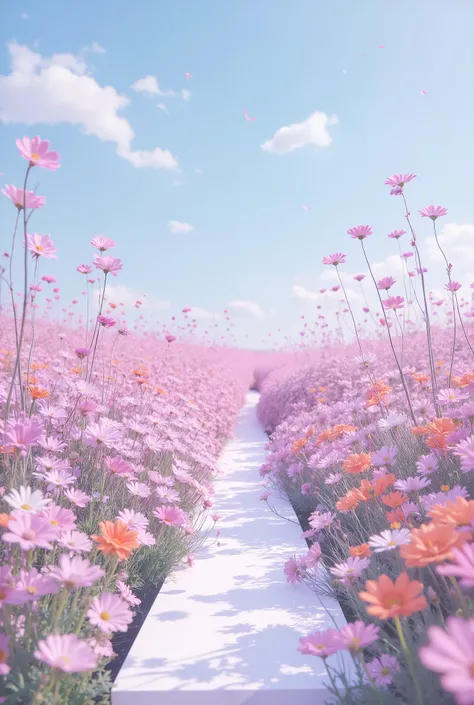 "clear sky background.colorful small flowers bloom to create a flower path. The flowers are arranged from the bottom of the pink, Orange, White, It creates a bright and fantastic atmosphere with various colors such as yellow. The entire scene is dreamy and...