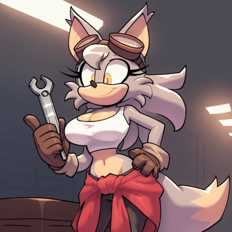 lillymechxl, grey hair, (long hair), yellow eyes, fox girl, fox ears, fox tail, (animal ear fluff), large breasts, fluffy cleavage, grey furred body, fluffy muzzle, ((white crop top)), navel, midriff, ((red clothes around waist)), dark brown pants, (brown ...