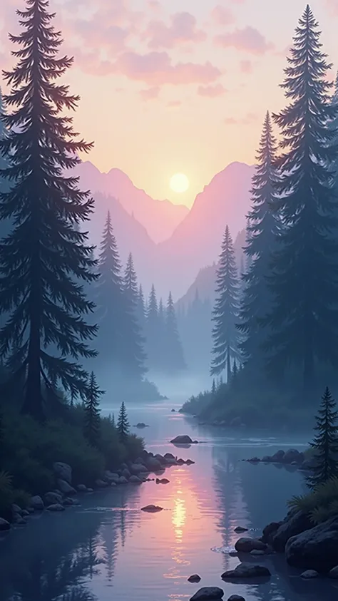 high-resolution, serene digital painting of a misty forest landscape at dawn, tall evergreen trees with dark silhouettes lining a gentle, winding river reflecting the soft colors of the rising sun, atmosphere filled with a dreamy mist that blurs the distant mountains and softens the edges of the forest, warm light from the sunrise casting delicate pink, orange, and golden hues across the left side of the scene, while cool blues and purples dominate the shaded areas, overall mood tranquil, mystical, and contemplative, perfectly capturing the peaceful transition from night to day in an untouched wilderness. Color palette balanced between warm and cool tones, creating a harmonious and calming visual contrast, lighting diffused and ethereal, enhancing the reflective surface of the river and the atmospheric depth of the misty background, art style painterly, soft-edged, and richly textured, ideal for fantasy world-building, nature-themed editorial illustrations, or calming environment concept art, composition expansive and immersive, with a wide view leading the eye gently through the river’s path into the misty horizon, scene designed to evoke feelings of serenity, wonder, and the timeless beauty of pristine natural landscapes. Foreground details like scattered rocks and gentle ripples on the river add realism and subtle dynamism to the scene, soft gradations of color in the sky and mist create a dreamlike, almost magical ambiance, perfect for use in fantasy video game environments, meditation visuals, or storytelling illustrations set in enchanted forests, scene embodies tranquility, natural majesty, and the quiet awe of early morning wilderness bathed in soft, luminous mist.