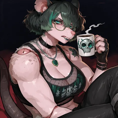 (Tall Mature Voluptuous Female furry rat), (black big curly afro with green highlights), (Green streaks in hair), (green eyes), (glowing iris), (black choker), (black leather bracelets), (Black Rose Tattoo on right shoulder), (Silver necklace with a green ...