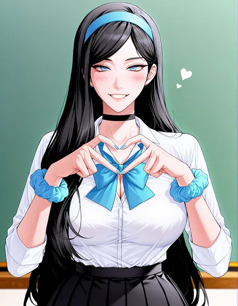 (mgirly), 1girl, solo, kumashiro maya, black hair, parted bangs, hairband, long hair, breasts, looking at viewer, blush, smile, bangs, blue eyes, skirt, large breasts, simple background, shirt, long sleeves, chalkboard, bow, ribbon, cleavage, very long hai...