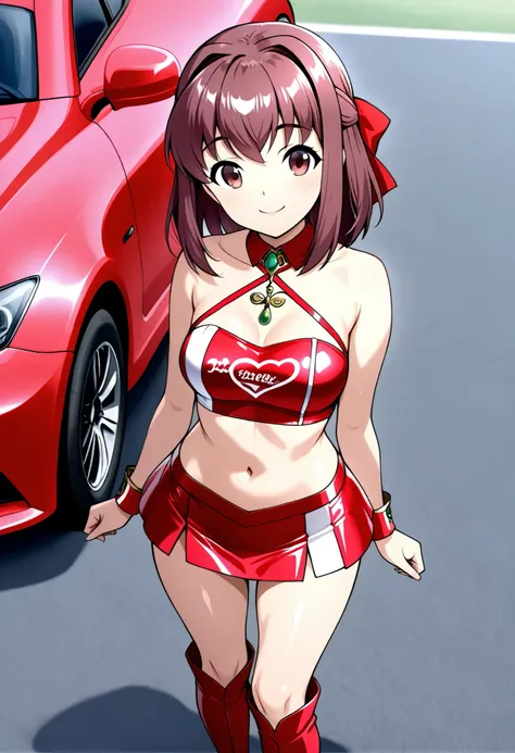 high resolution、Highest Quality、super quality、shot from the front、is smiling、one girl、solo、Standing、 Kondo Taeko 、smile、Absolute reference to center 、Red brown pretty eyes、 shiny brown hair , short hair ,Red Ribbon、 ( Beautiful brown eyes )、 very detailed ...