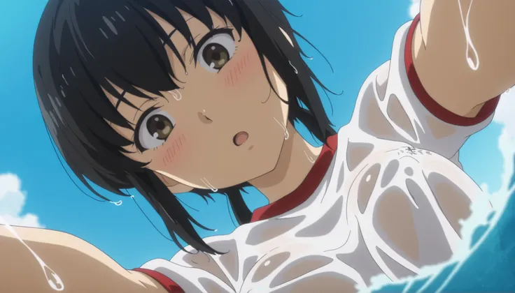 anime, best quality, masterpiece, very aesthetic, (anime coloring, anime screenshot), official art, illustration, Tamako, wet shirt, gym shirt, partially submerged, ocean, covered nipples, looking at viewer, :o, blush, close-up of chest, looking down, fro...
