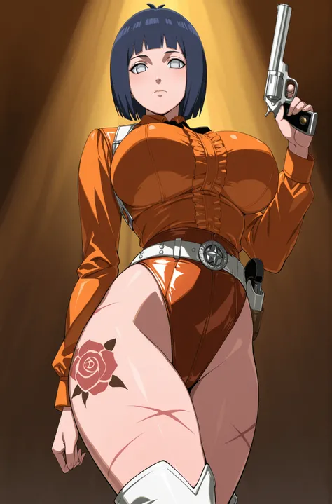 score_9,score_8_up,score_7_up,solo,looking at viewer, Hyūga_Hinata's/Boruto, White Eyes, short hair,bangs,shirt,Dark Blue hair,(Old West), a gunWoman in black (desperado, dangerous Woman, scars, tattoos, dusty worn cowboy villain outfit) and a bubbly blond...
