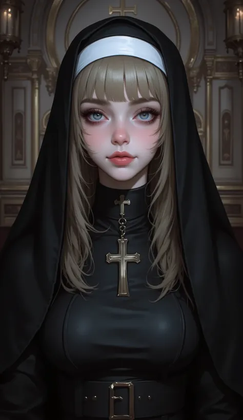 masterpiece,extremely detailed CG, high resolution, best quality,A young cute girl,blue eyes, (Droopy eyes,beautiful detailed eyes: 1.2), light blonde hair,(Nun's black attire that doesn't reveal skin:1.4),(Ample Busts,slenderbody),smile, (background dark ...