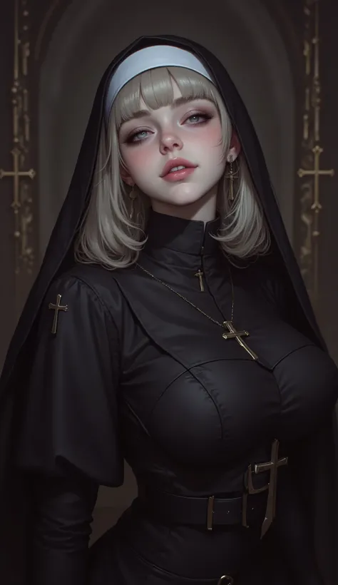 masterpiece,extremely detailed CG, high resolution, best quality,A young cute girl,blue eyes, (Droopy eyes,beautiful detailed eyes: 1.2), light blonde hair,(Nun's black attire that doesn't reveal skin:1.4),(Ample Busts,slenderbody),smile, (background dark ...